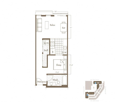 Floor plan for 1 bed, 1 bath, 550 sqft